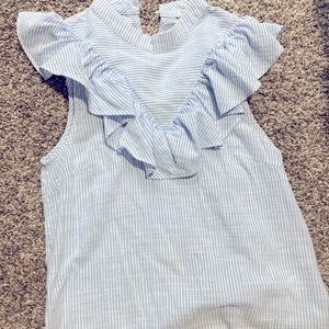 Blue and white striped ruffle shirt
